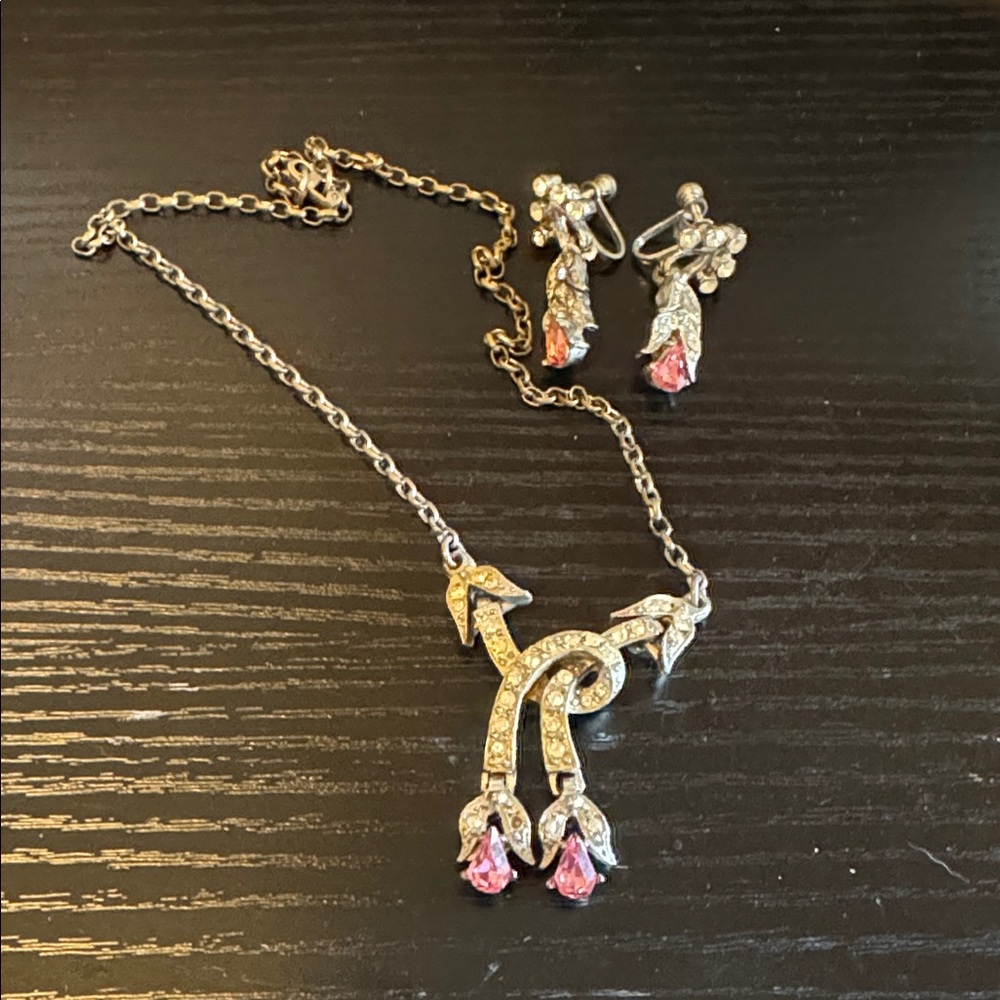 Vintage 50’s Elegant silver and Pink stone Jewelry Set
